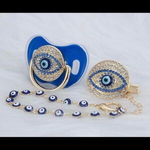 Blue Evil Eye Pacifier and Clip Set
